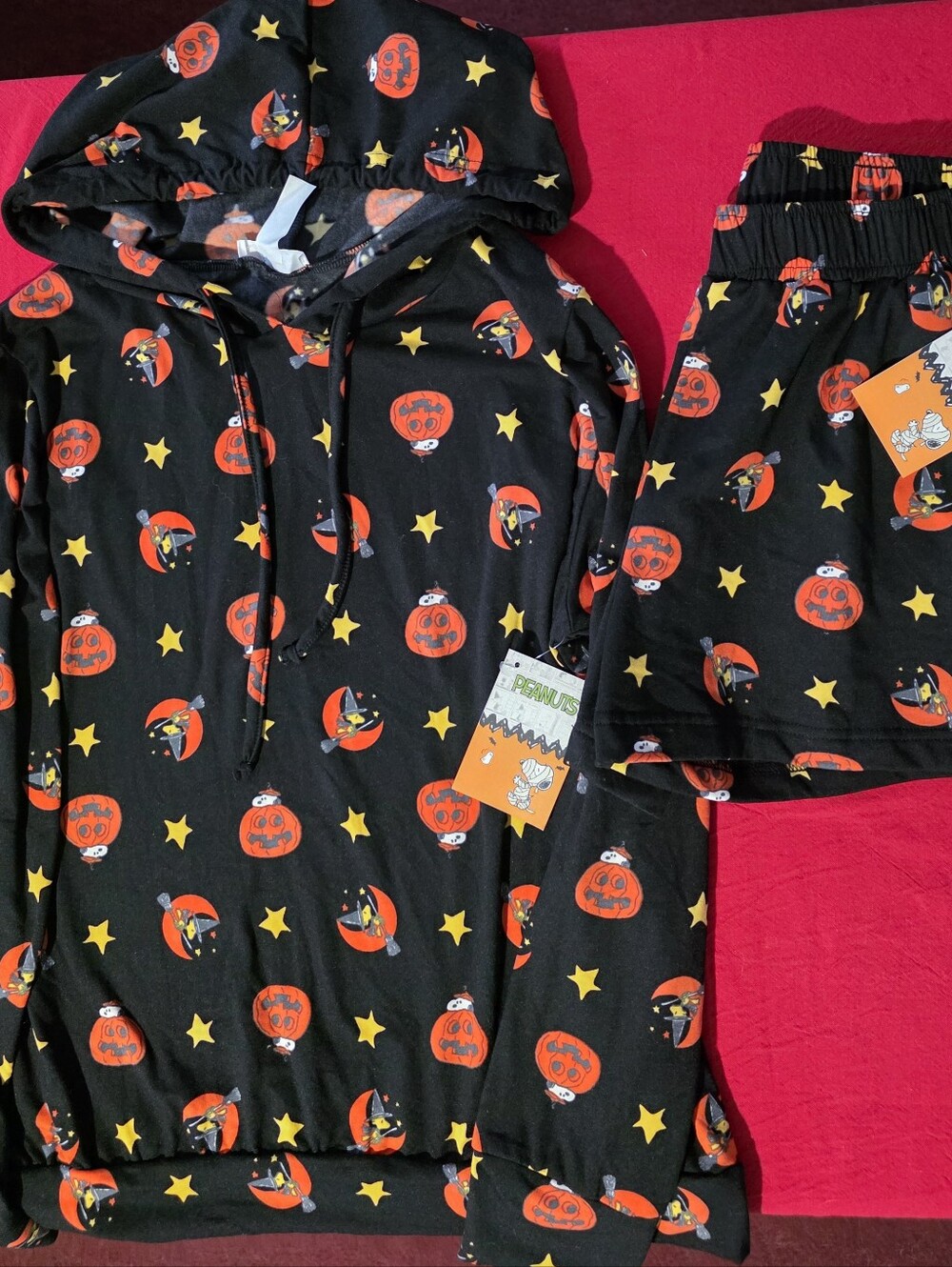 Peanuts Black Hoodie & Shorts Set with Orange Pumpkin and Yellow Star Print